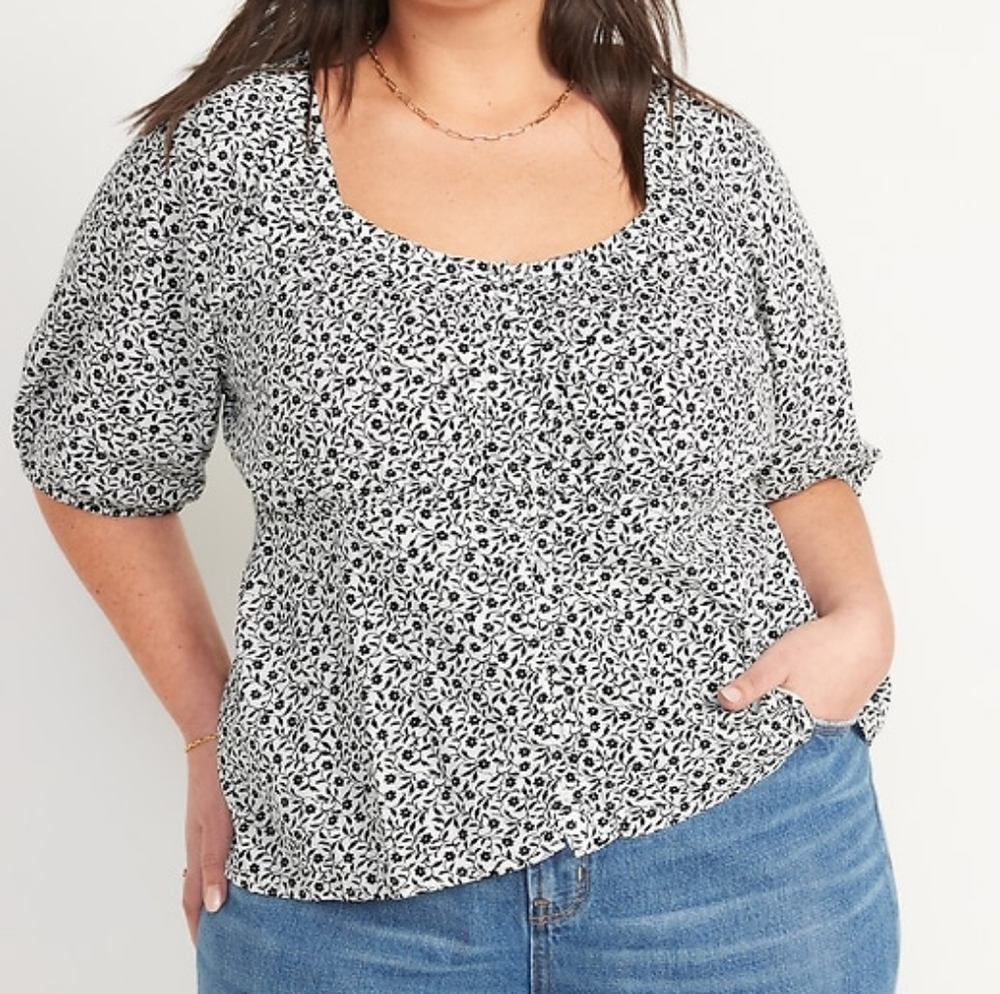 Puff-Sleeve Smocked Button-Down Top